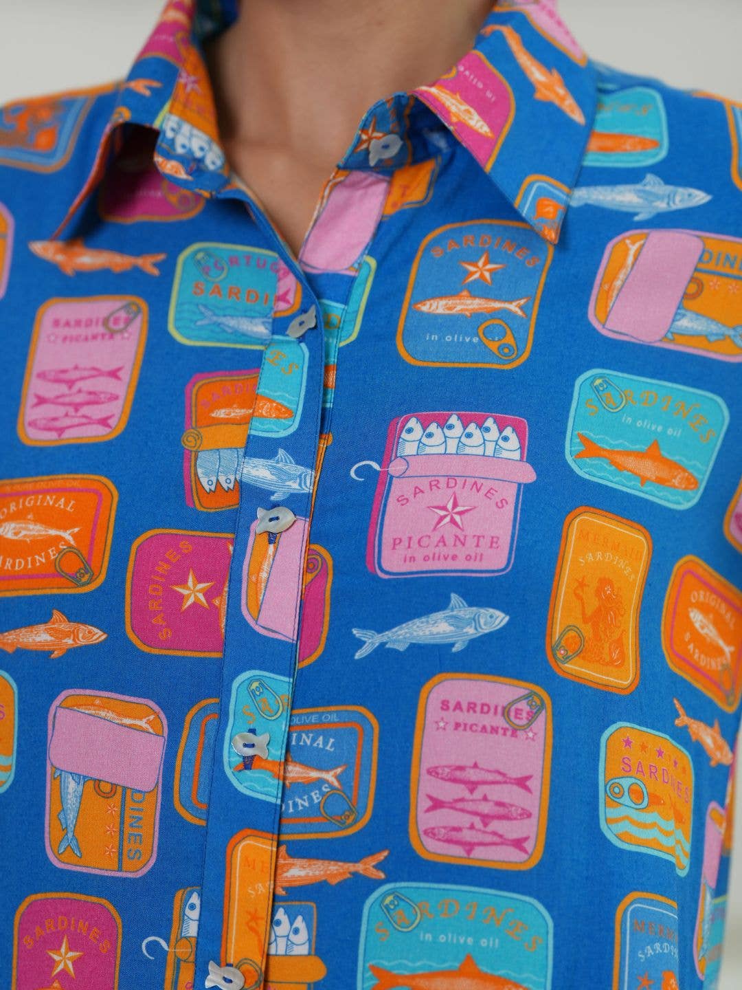 Blue Sardine Print Shirt Dress
