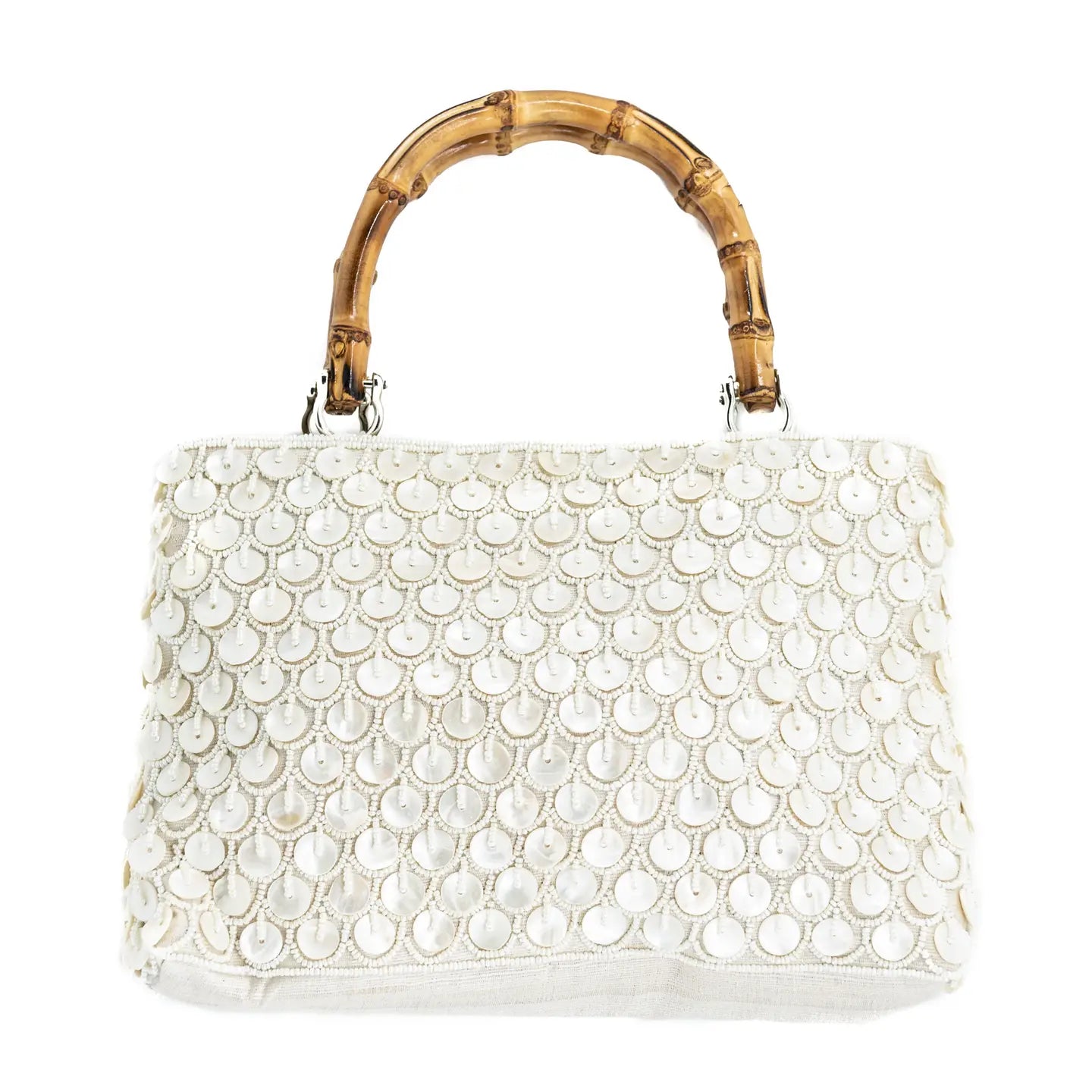Ivory Beaded Bamboo Top Handle Bag