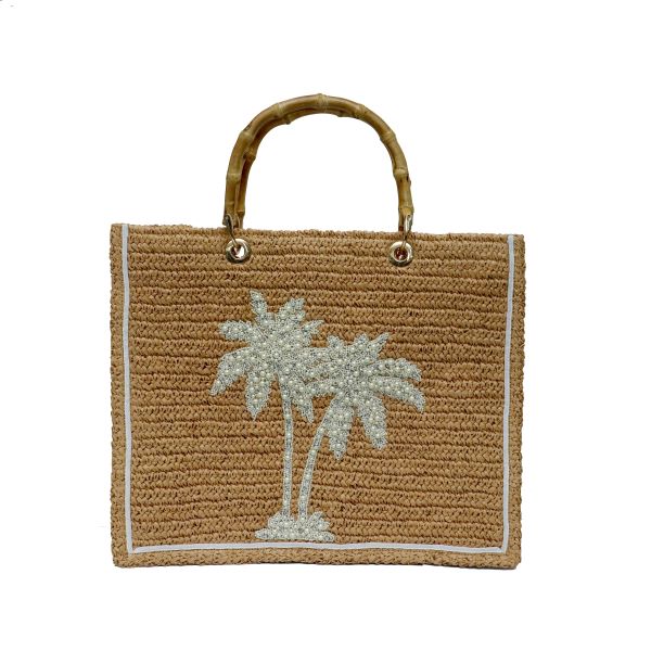 Straw Pearl Palm Tree Tote Bag