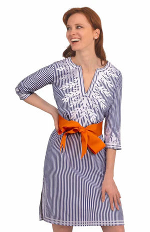Embroidered Reef Pinstripe Dress