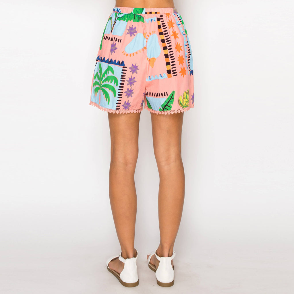 Coral Retro Tropical Print Shorts