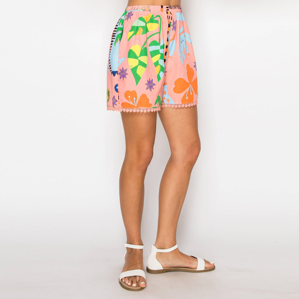 Coral Retro Tropical Print Shorts