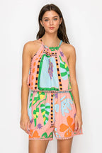 Coral Retro Tropical Print Shorts