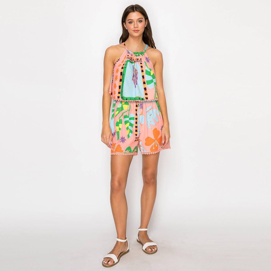 Coral Retro Tropical Print Shorts