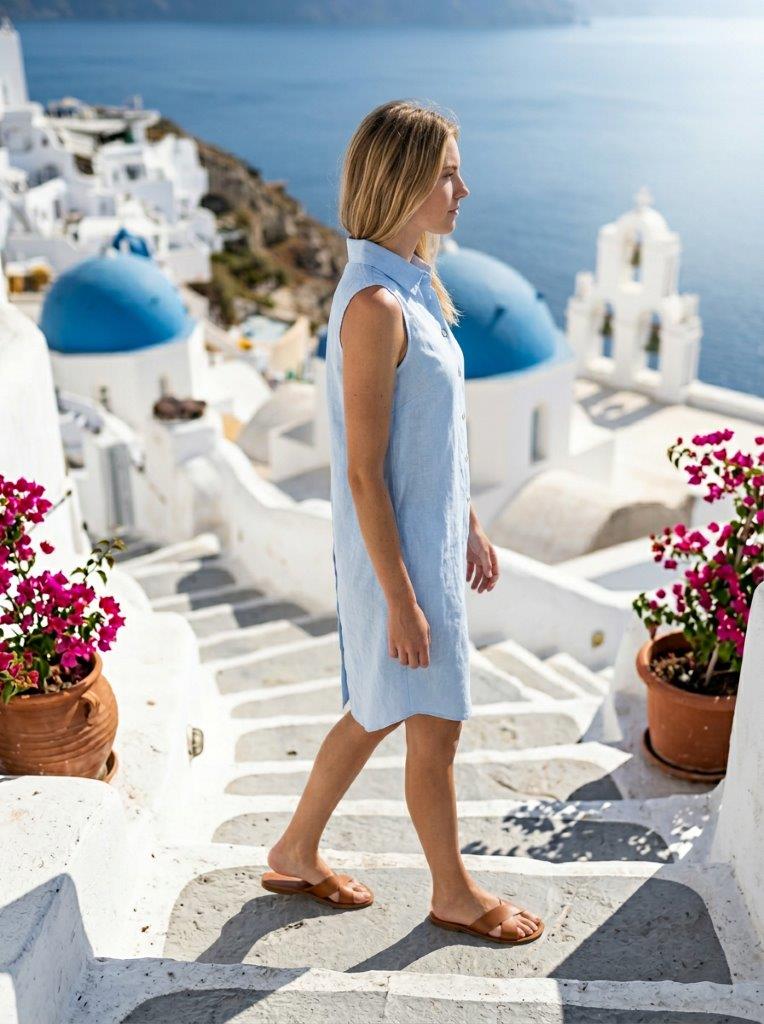 Sleeveless Sky Linen Back Button Dress